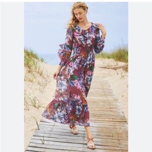 Soft Surroundings Fiore Rosa Floral Maxi Dress Ruffle Sleeve XL petite